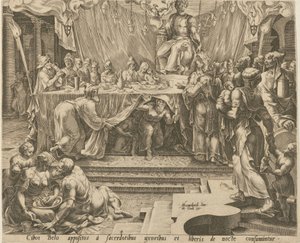 Priest of Bel Eating and Drinking in the Temple [Sheet 4] and Daniel Feeding the Dragon [Sheet 7], Sheets 4 and 7 from the Series "The Story of Daniel, Bel, and the Dragon" by Philips Galle