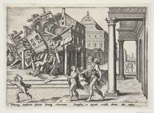 Samson Let Out of the Prison and Destroying the Temple of the Philistines by Philips Galle