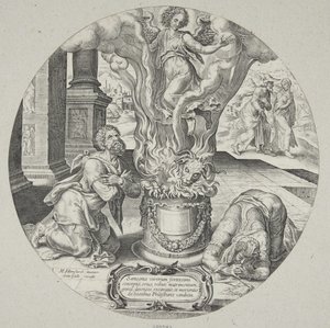 The Angel Ascending in the Flame on the Altar of Manoah and His Wife by Philips Galle