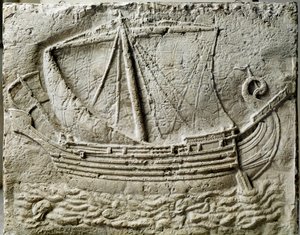 Phoenician art: bas relief of sarcophagus representing a merchant ship - From the old port of Sidon (Saidoon) in Lebanon by Phoenician Phoenician
