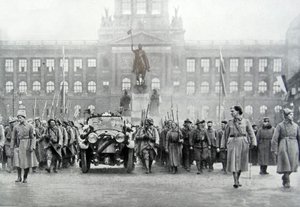 Czech troops accompany President Thomas Masaryk in Prague, 25th December 1918