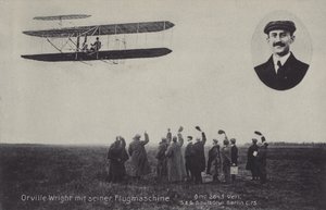American aviator Orville Wright and his flying machine by Photographer German