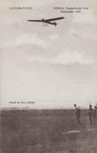French Aviator Hubert Latham Flying Over Tempelhof Airfield, Berlin, September 1909 by Photographer German