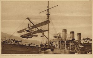 French Naval Aeroplane Being Lifted onto a Ship