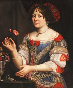 Portrait of a Lady, three-quarter length, in a Blue and Red Embroidered Dress