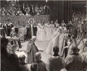 Duchess Mary, with Her Coronet Aloft Paying Homage to Queen Elizabeth II at the Coronation by Blaise Nicolas Le Sueur