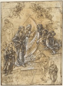 Study Sheet with the Virgin Mary, Saints, Angels and Figures from the Adoration of the Magi