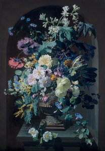 Vase of Flowers with Mimosas and Vase of Flowers with Grape Bunch (Pair) by Pierre Adrien Chabal Dussurgey