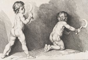 Two nude children standing, from New Book of Children by Pierre Alexandre Aveline