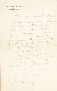 Autograph Letter Signed to Dr. Fritz Thurneyssen, Paris and Les Collettes, 24th June 1908 by Pierre Auguste Renoir