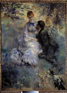 Lovers. Couple sitting in a garden. Painting by Pierre Auguste Renoir (1841-1919)