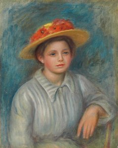 Portrait of a Woman with a Hat with Flowers by Pierre Auguste Renoir