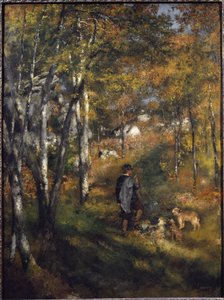 Jules Le Coeur with his dogs in the forest of Fontainebleau