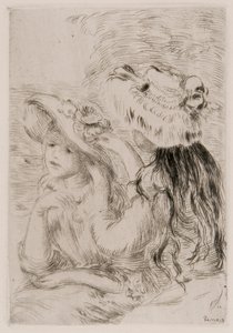 Two young girls pinning flowers on their hats by Pierre Auguste Renoir