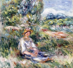 Young Woman Sitting in a Meadow by Pierre Auguste Renoir