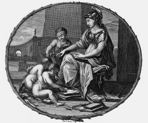 Female Allegory of Reason and Creativity Surrounded by Children, 1695-1697 (engraving) by Pierre Bayle