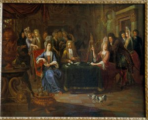 Nobles card players playing cards in a living room by Pierre Bergaigne
