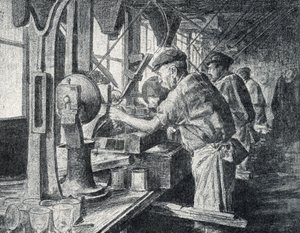 Cutting workshop at the crystal glass manufacture in Sevres near Paris Engraving from 