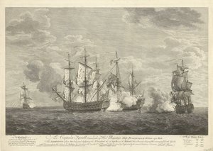 Attack of an English Ship on Three French Ships near Sint Eustatius, 1758 by Pierre Charles Canot