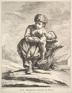 Child with a dog, holding a basket of grapes, from Premier Livre de Figures