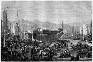 Boat des Fleurs, a restaurant and place of fun in the port of Shanghai in 1860, China. Engraving by Grandsire, in Le Tour du Monde, Nouveau journal des Voyages, edited by Edouard Charton, Paris by Pierre Eugene Grandsire