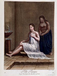 Turkish girl to whom hair is braided in the bath - in “Collection of 100 prints representing different nations of the Levant in 1707 and 1708” by orders of M. de Frriol, ambassador of the king at the Porte and updated in 1712-13 by the care of M. Le Hay by Pierre François Basan