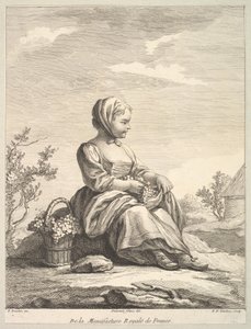 Little girl holding grapes with a basket of them by her side, from Deuxième Livre de..., after 1757 by Pierre François Tardieu