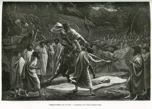 A funeral ceremony for the Todas, a small pastoral community in the Nilgiri plateau (South India), during the funeral, cattle are sacrificed. Engraving by P.Fritel, to illustrate the recital souvenirs of a voyage to the Nilgherries, by Madame Janssen, in 1 by Pierre Fritel