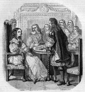 Visit of Queen Christine of Sweden to the Academy Francaise in Paris in the presence of Cardinal Richelieu. Engraving by G. Staal