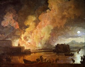 The Eruption of Vesuvius in Naples in the Moonlight