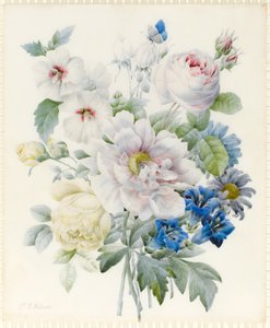 A Bunch of Flowers including a Peony, Roses, Hibiscus, Asters, Gentian and an Imaginary Blue Butterfly