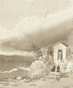 Two Kneeling Figures on the Steps of a Chapel in the Mountains by Pierre Luc Charles Ciceri