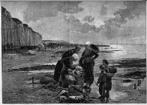 The fishing of Dieppe, low tide (engraving after the painting by Pierre Beyle in The Illustrous World) by Pierre Marie (after) Beyle