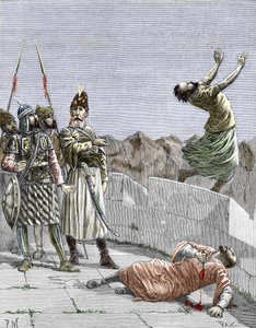 Ismaili sect of the east or murderers founded by Hassan ibn al-Sabbah (1036-1124), known as the old man of the Mountain, rep ordering two of his fanatic followers to kill themselves, Alamut, Persia, around 1096 (Nizari Ismailism: representation of Hassan