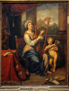 Saint Cecile singing the praises of the Lord. The saint plays the harp and is surrounded by instruments. Painting by Pierre Mignard (1612-1695) by Pierre Mignard
