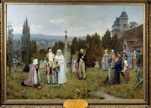 Wedding Scene, the young brides gather on the grave of the deceased father of one of the young brides by Pierre Outin