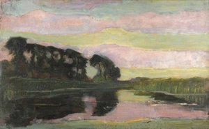 River Landscape with Pink and Yellowgreen Sky by Piet Mondrian