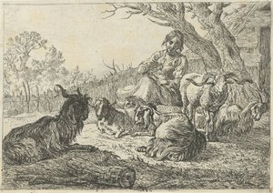 Shepherdess Among Goats and Sheep (Various Animals)