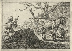 Spinning Woman, Pigs, and Donkeys (Various Animals)