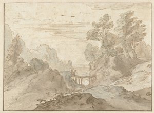 Mountain Landscape with Two Figures on a Narrow Bridge