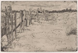 Grazing Cow by a Fence in a Meadow by Pieter Dupont