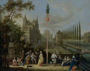 Figures Dancing Around a Maypole, in the Grounds of a Castle