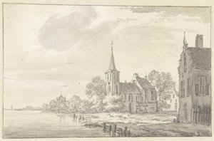 Village Church and Houses by a River by Pieter Jan van Liender