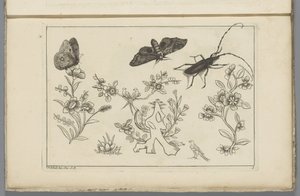 Three flower branches with birds, butterflies, and an insect