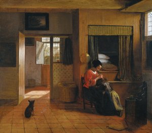 Interior with a Mother Cleaning Her Child