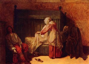 Soldier Pulling on a Boot and a Woman Making a Bed