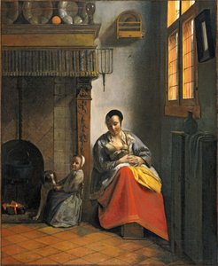 Woman Nursing an Infant, with a Child and a Dog