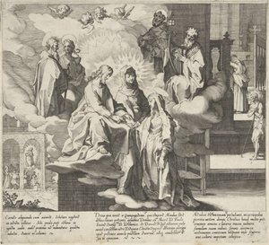 Catherine Appears / Marriage of Catherine / Catherine Shares Her Cloak (Scenes from the Life and Miracles of Saint Catherine of Siena) (Life, Death, Deeds, and Selected Miracles of Blessed Catherine of Siena) by Pieter de Jode (I)