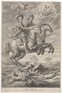 Ferdinand of Austria with Ferdinand, King of Bohemia and Hungary, on horseback at the victory at Nördlingen (series title: Joyous Entry of the Cardinal-Infant in Ghent, 1635) by Pieter de Jode (II)