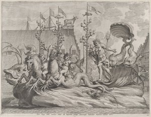 Philip of Spain as Neptune, riding in a chariot drawn by two sea horses, from Gu... by Pieter de Jode II
